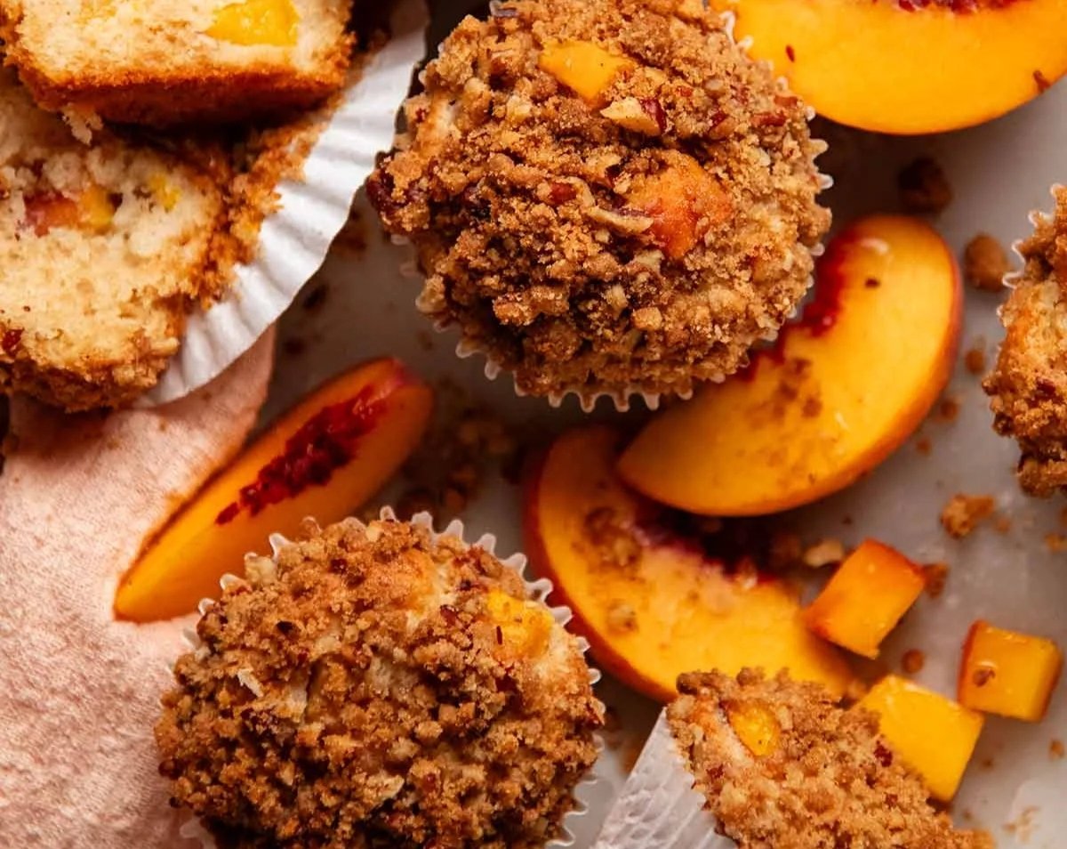Easy Peach Muffins With Crumble Topping top view