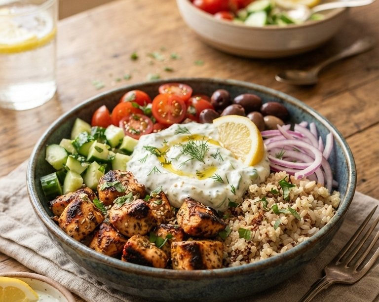 20 Minute Greek Chicken Tzatziki Bowls Meal Prep top view