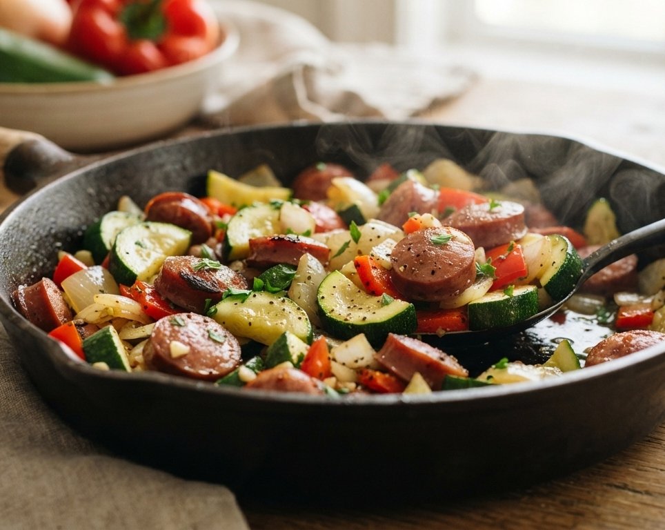 Easy Zucchini and Smoked Sausage Skillet Dinner suggested serving