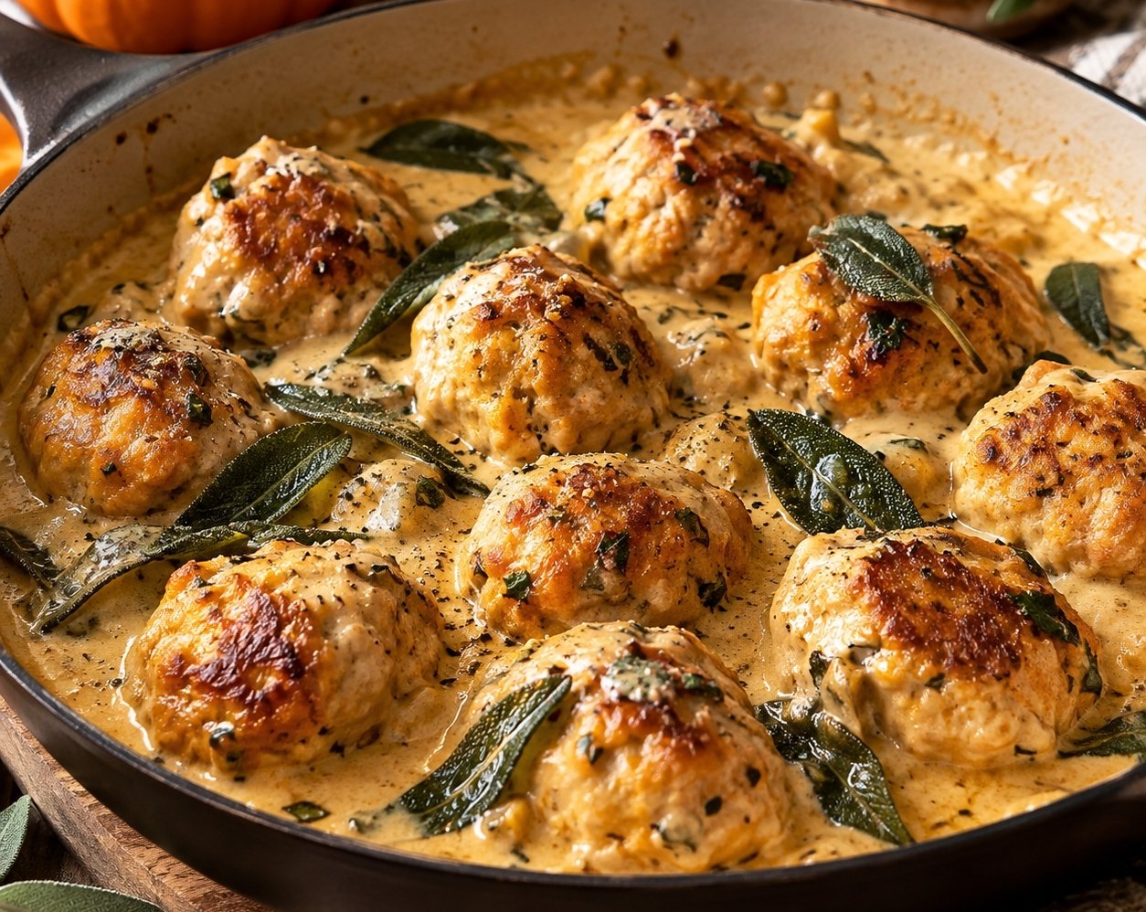 Best Creamy Pumpkin Chicken Meatballs in Sage Cream Sauce top view