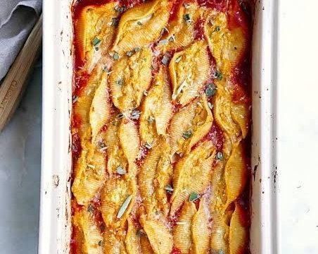 Creamy Pumpkin Ricotta Stuffed Shells Sage Butter Sauce top view