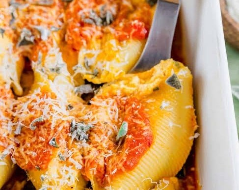 Creamy Pumpkin Ricotta Stuffed Shells Sage Butter Sauce suggested serving
