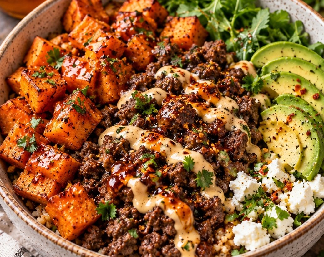 Easy Hot Honey Sweet Potato Beef Bowl Dinner top view