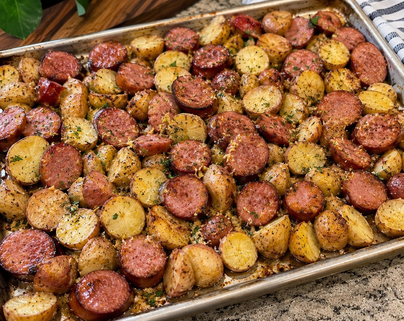 Easy One Pan Cheesy Garlic Butter Sausage and Potatoes top view