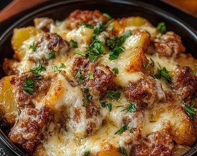 Easy One Pan Cheesy Garlic Butter Sausage and Potatoes suggested serving