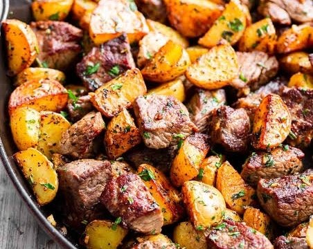Viral Garlic Butter Steak Bites and Crispy Potatoes suggested serving